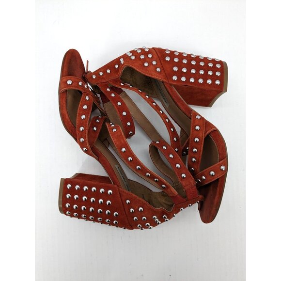 Studded Suede Block Heels Sandals Chunky Rust Boho Western Festival Y2K Size 8 - Picture 6 of 12
